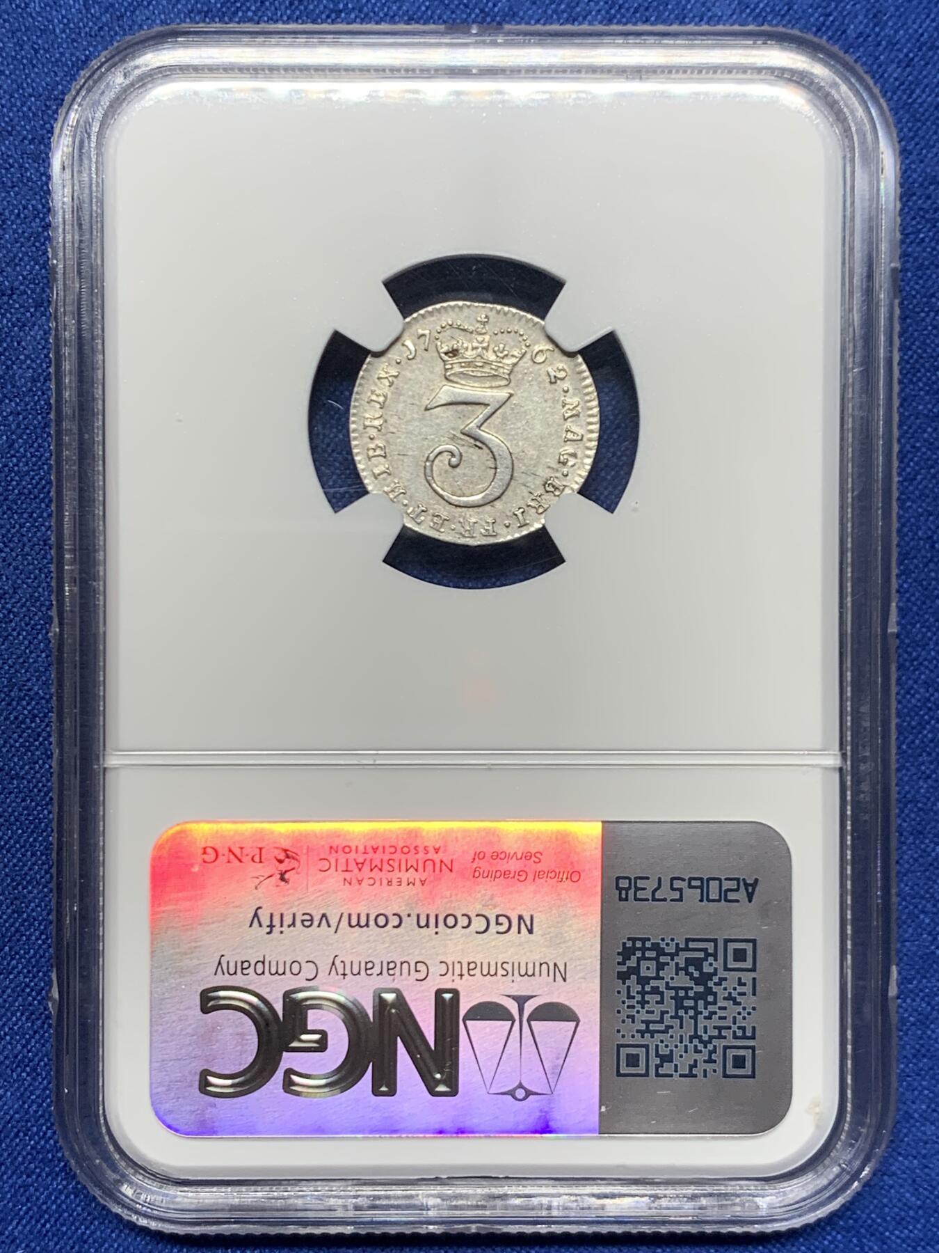 《竞宝斋》第467场 周日，周一 2场连拍 （全场包邮）欢迎送拍 NGC AU55 英国1762年乔治三世3便士濯足币 光度好