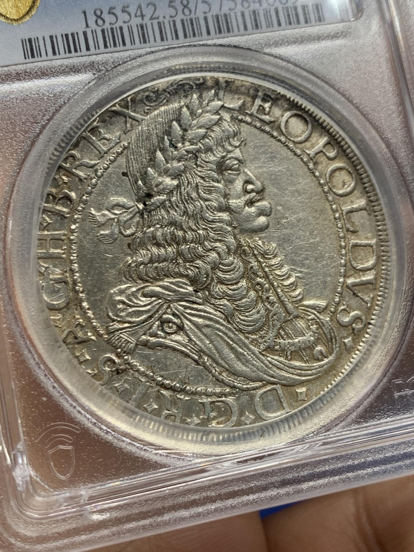 《竞宝斋》第467场 周日，周一 2场连拍 （全场包邮）欢迎送拍 唯一亚军分 PCGS AU58 神圣罗马帝国 1671年 利奥波德一世 猪嘴泰勒大银币 双面深打 这个时期的工艺有这个状态确实不易 加厚盒装