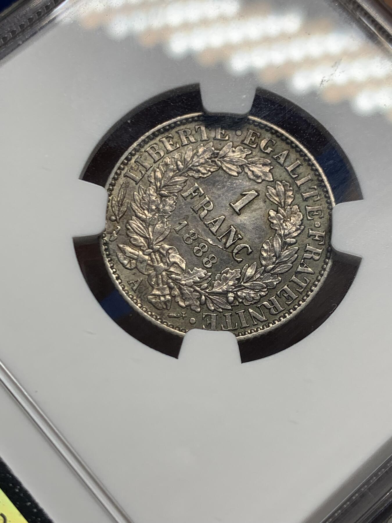 《竞宝斋》第467场 周日，周一 2场连拍 （全场包邮）欢迎送拍 NGC AU58 法国1888年谷物女神1法郎银币