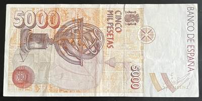 小福收藏拍卖第202期 流通品相裸钞 特惠场 本场全部为欧洲纸币【佣金仅收2% 不设最低佣金 全场包邮】 西班牙 1992年 5000比塞塔 XF