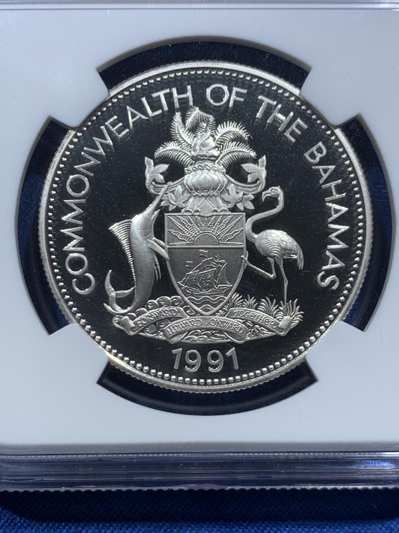 《竞宝斋》第467场 周日，周一 2场连拍 （全场包邮）欢迎送拍 NGC PF69UC 巴哈马1991年哥伦布发现美洲500周年5元精制纪念银币，镜面超高浮雕，19.44克，925银，精制银币作为赠品，收藏价值高。