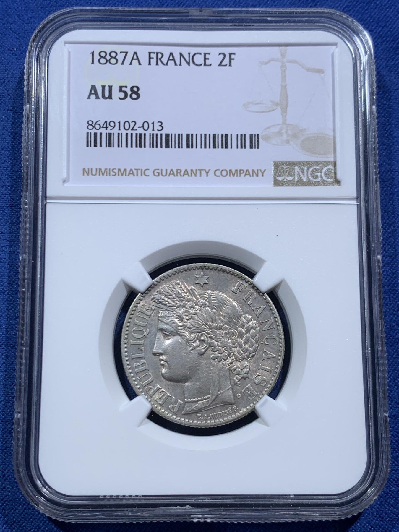 《竞宝斋》第467场 周日，周一 2场连拍 （全场包邮）欢迎送拍 NGC AU58 法国1887年谷物女神2法郎银币