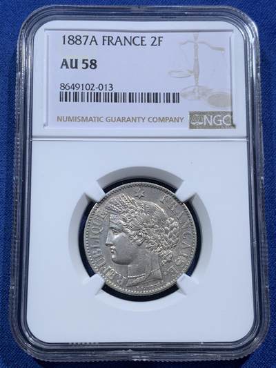 《竞宝斋》第467场 周日，周一 2场连拍 （全场包邮）欢迎送拍 - NGC AU58 法国1887年谷物女神2法郎银币