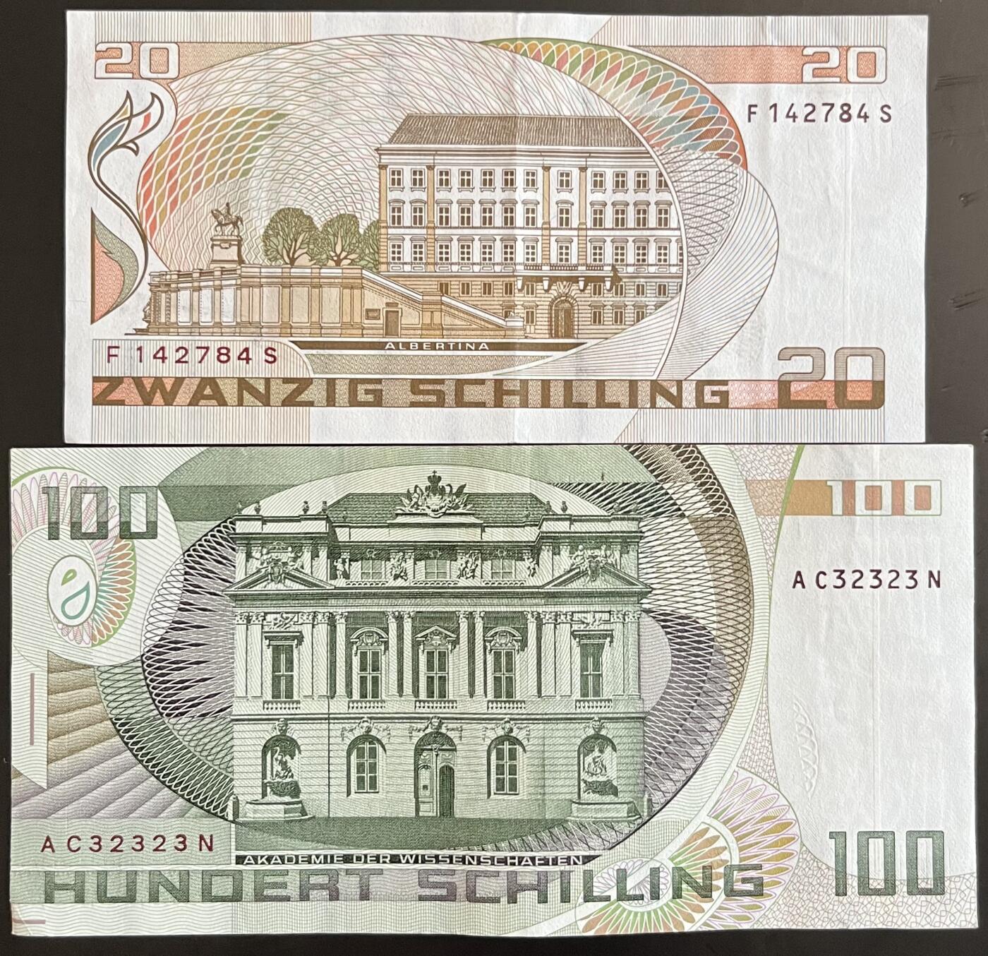 小福收藏拍卖第202期 流通品相裸钞 特惠场 本场全部为欧洲纸币【佣金仅收2% 不设最低佣金 全场包邮】 奥地利 1986年 20+1984年 100先令