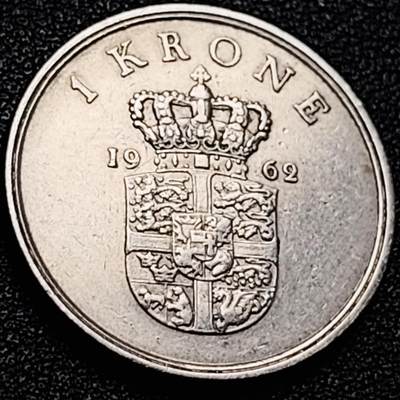泉币菌-第204场-元宵节专场 本场拍品多 请提前出价 - 丹麦1962年1克朗 皇冠 弗雷德里克九世国王 25.5mm