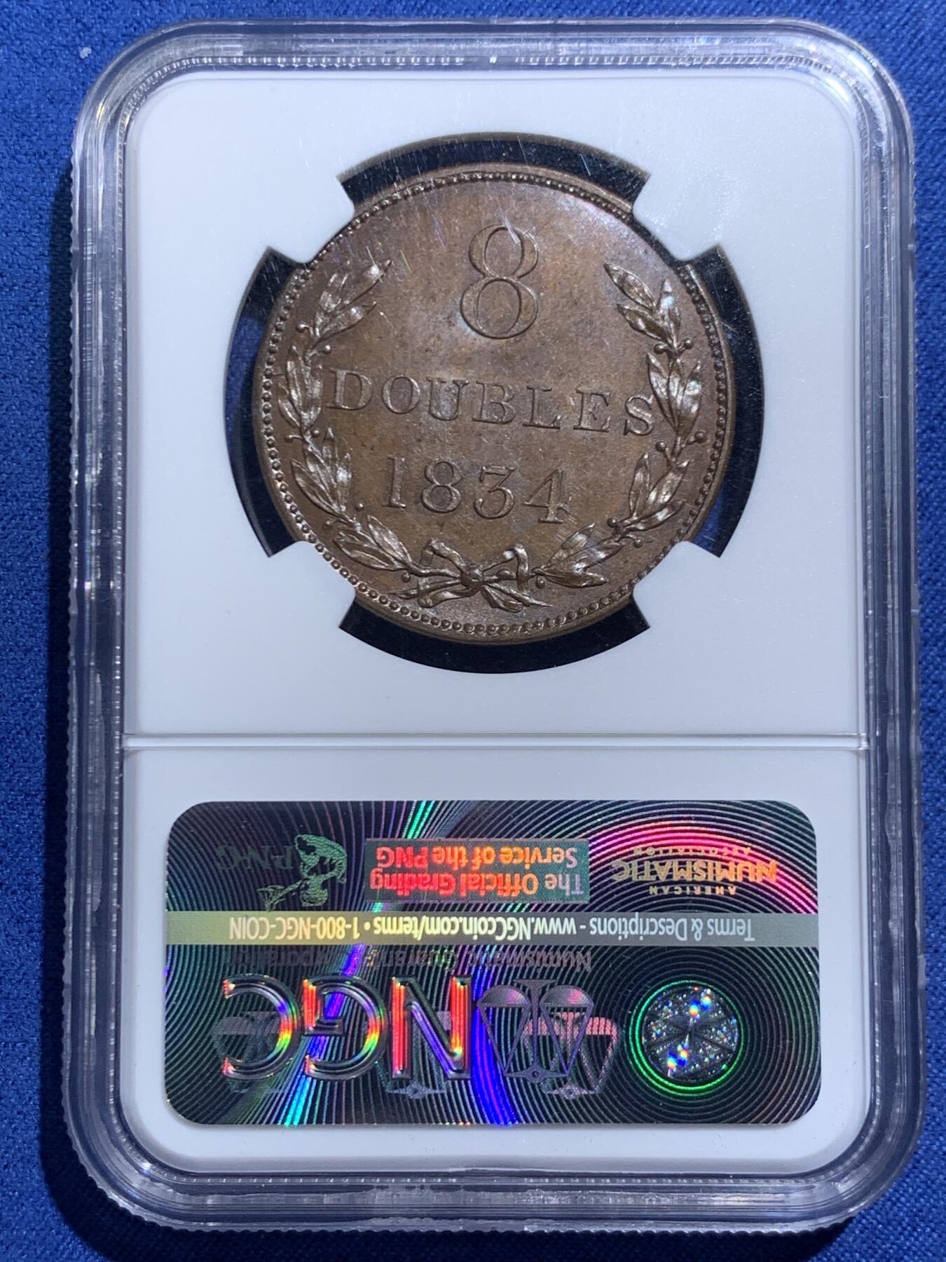 《竞宝斋》第467场 周日，周一 2场连拍 （全场包邮）欢迎送拍 NGC MS64BN 英国皇家属地根西岛1834年8道布大铜币，首版首年份厚重大铜币， 狮鬃狮脸轮廓清晰