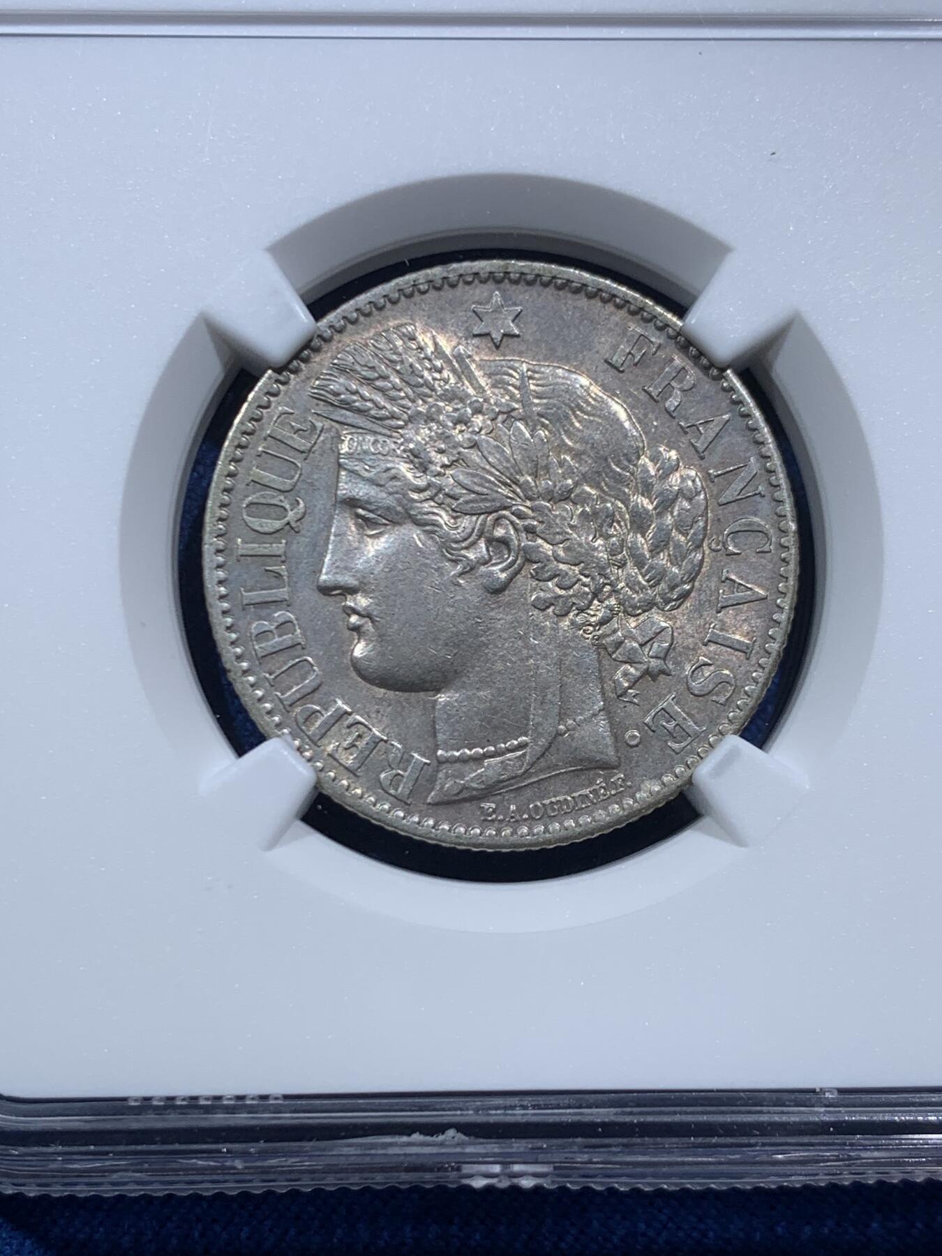 《竞宝斋》第467场 周日，周一 2场连拍 （全场包邮）欢迎送拍 NGC AU58 法国1887年谷物女神2法郎银币