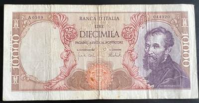 小福收藏拍卖第202期 流通品相裸钞 特惠场 本场全部为欧洲纸币【佣金仅收2% 不设最低佣金 全场包邮】 - 意大利 1973年 10000里拉 米开朗基罗