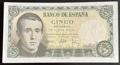 小福收藏拍卖第202期 流通品相裸钞 特惠场 本场全部为欧洲纸币【佣金仅收2% 不设最低佣金 全场包邮】 - 西班牙 1951年 5比塞塔 AUNC
