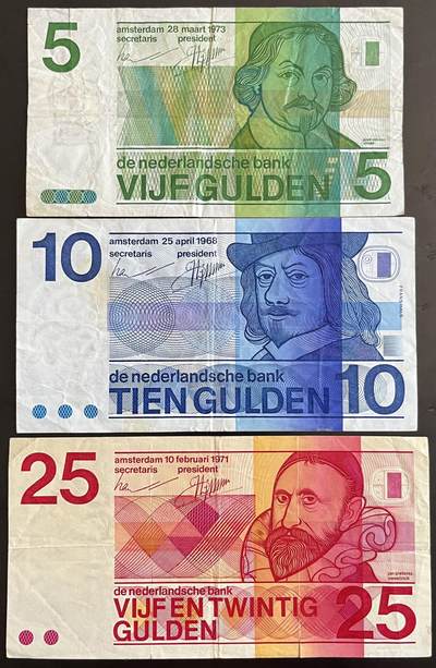 小福收藏拍卖第202期 流通品相裸钞 特惠场 本场全部为欧洲纸币【佣金仅收2% 不设最低佣金 全场包邮】 - 荷兰 5+10+25盾 人像版 1组3张