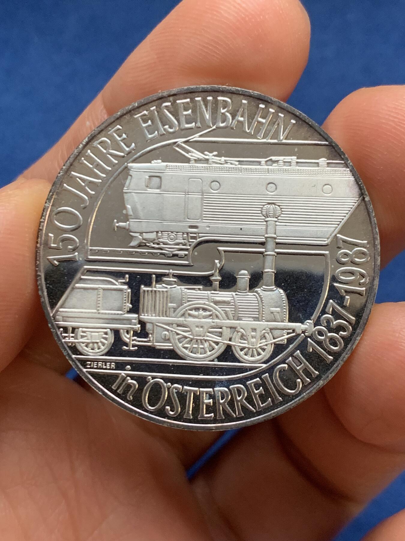 《竞宝斋》第467场 周日，周一 2场连拍 （全场包邮）欢迎送拍 1987年奥地利铁路150周年500先令纪念银币 925银 24克