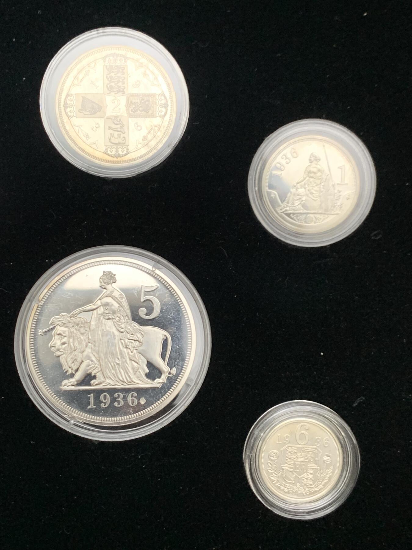 《竞宝斋》第467场 周日，周一 2场连拍 （全场包邮）欢迎送拍 爱德华八世1936年精铸珍稀银套币6枚全套，原盒证，925银。伦敦皇家造币厂官方后铸，发行仅1936套，克朗背面图为尤娜与狮子，半克朗为马剑屠龙，均为经典设计。此套市面极少见，错过难遇。总重约68.9克，925银。