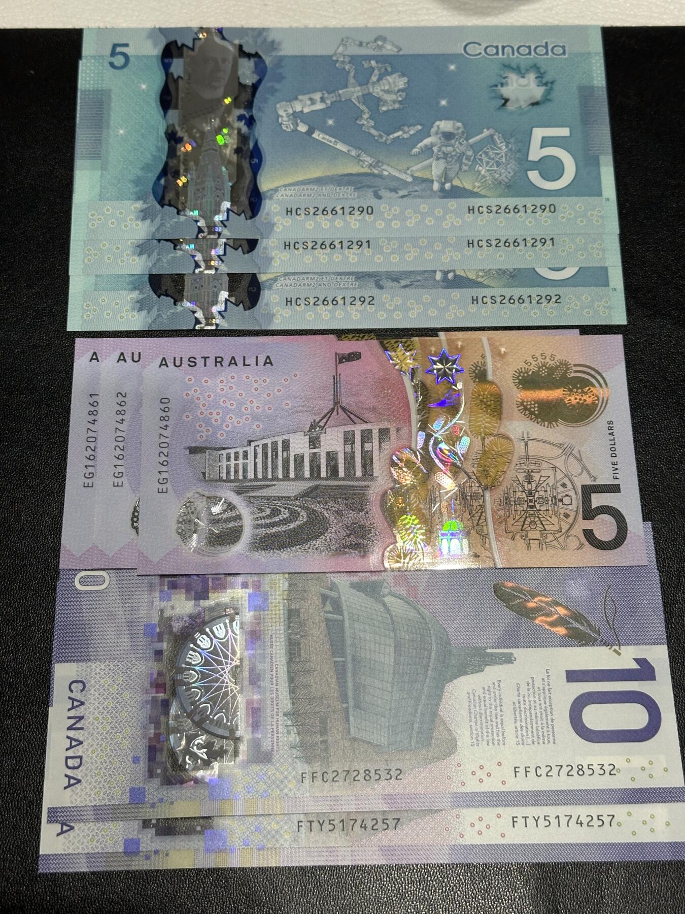 《外钞收藏家》第六百一十四期（精选场）（长期征集拍品、欢迎藏友们联系合作） 澳大利亚5元3连号+加拿大5元3连号+加拿大最新版10元2张一起 全新UNC