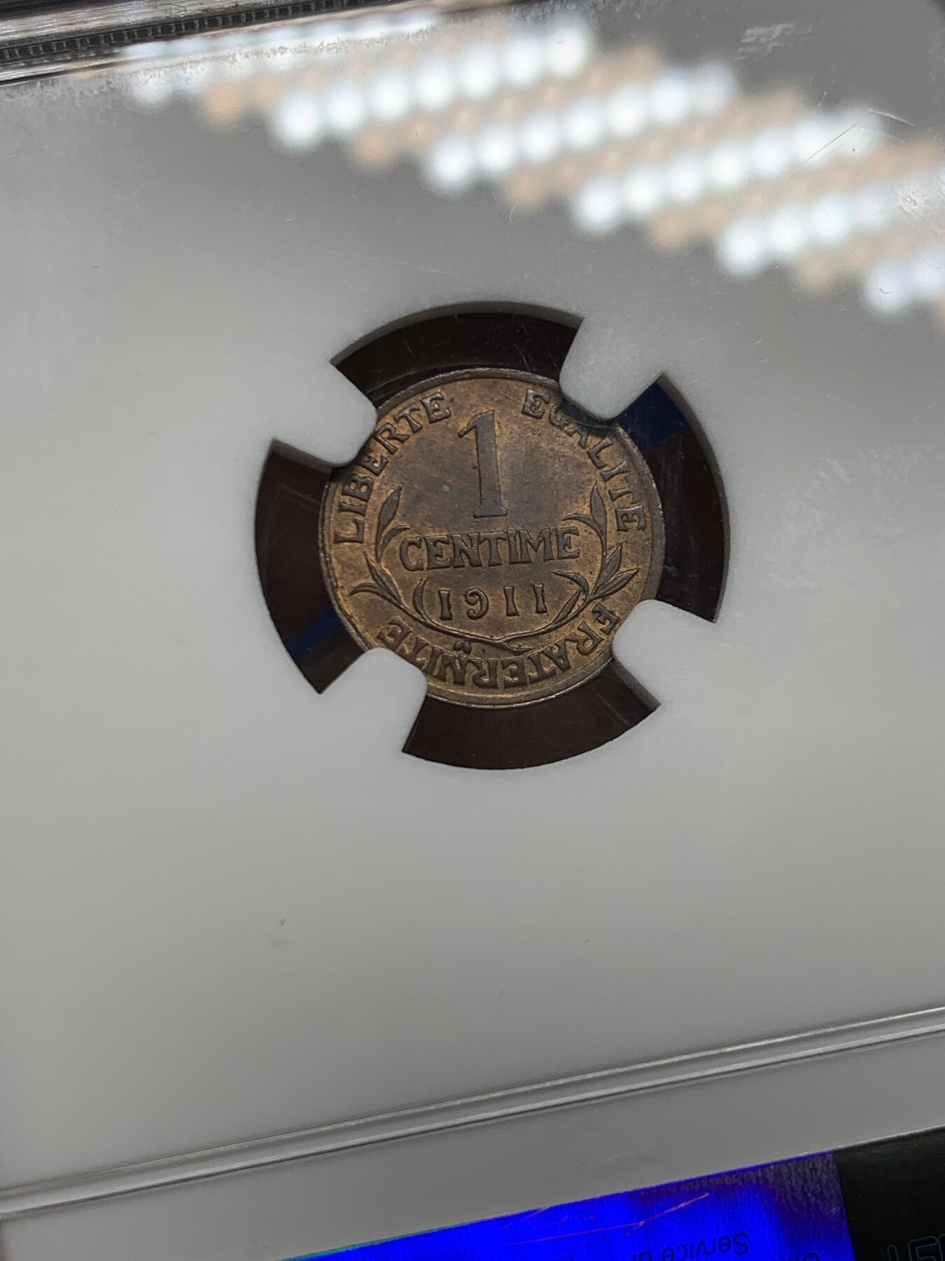 《竞宝斋》第467场 周日，周一 2场连拍 （全场包邮）欢迎送拍 NGC MS63RB 法国1911年1分铜币