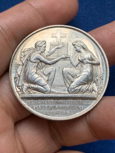 《竞宝斋》第467场 周日，周一 2场连拍 （全场包邮）欢迎送拍 - 法国婚姻与爱情纪念银章，24.93g，39.2mm，蜜蜂边铭，周圈刻字。