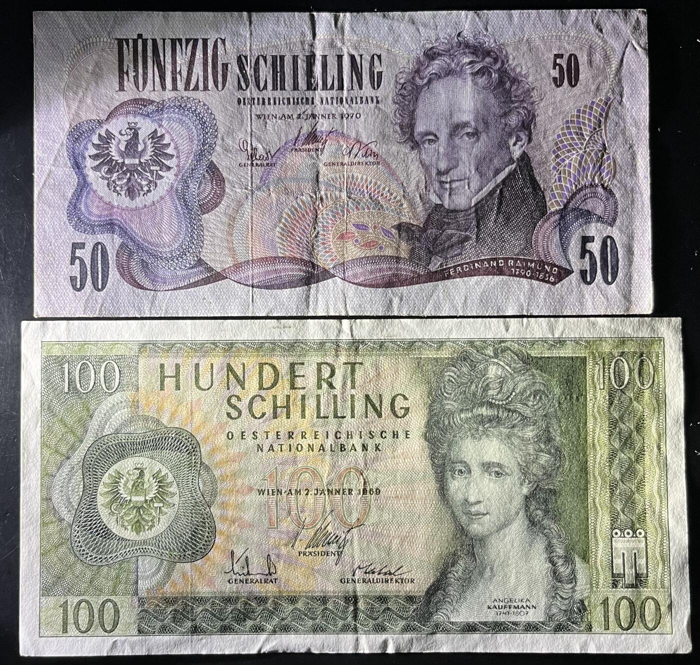 小福收藏拍卖第202期 流通品相裸钞 特惠场 本场全部为欧洲纸币【佣金仅收2% 不设最低佣金 全场包邮】 奥地利 1969年 100+1970年 50先令