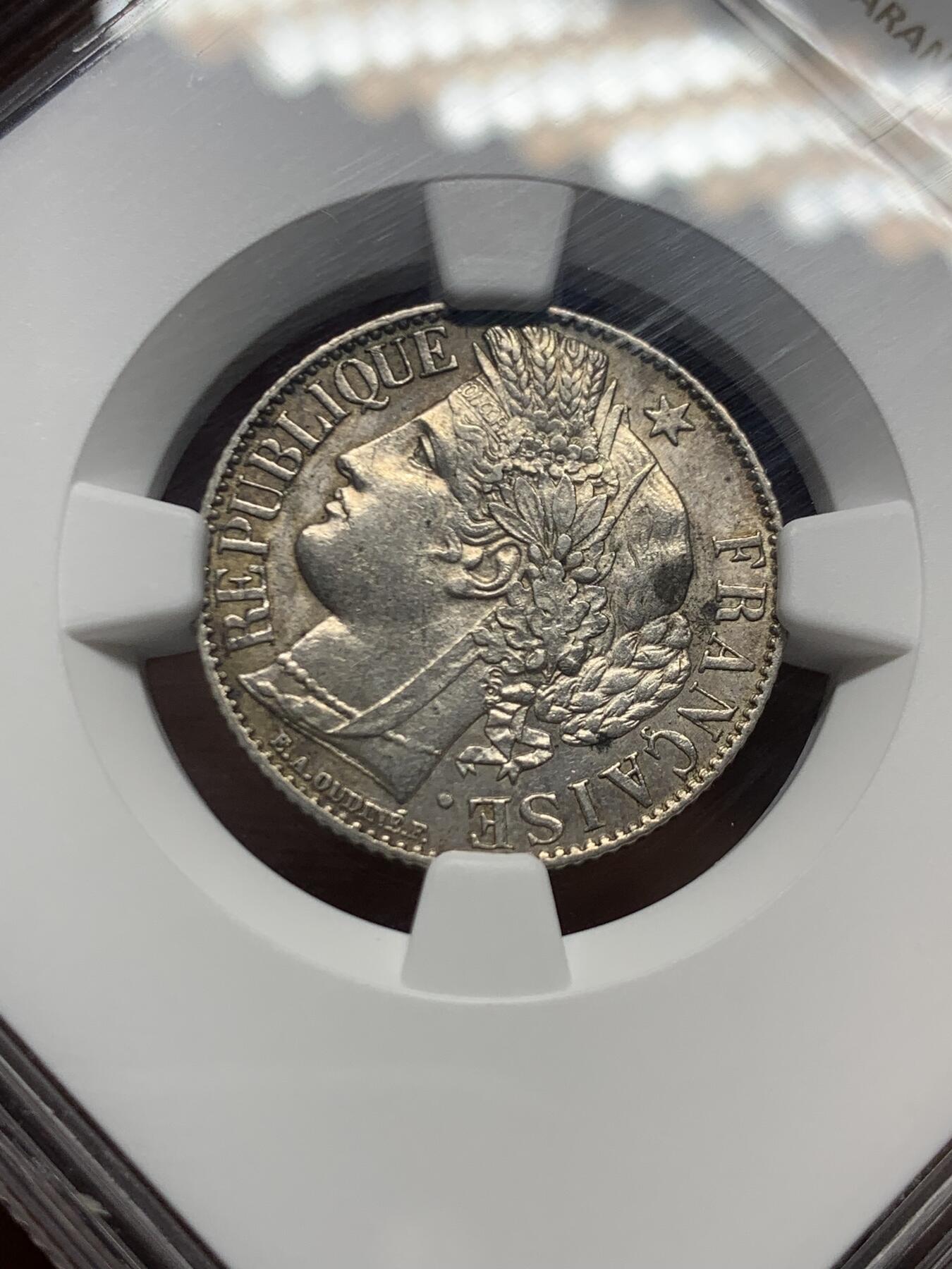 《竞宝斋》第467场 周日，周一 2场连拍 （全场包邮）欢迎送拍 NGC AU58 法国1888年谷物女神1法郎银币