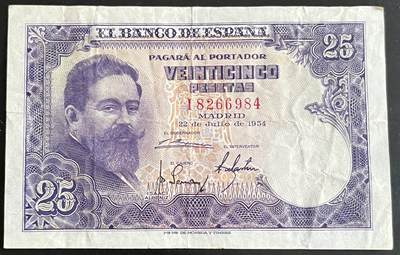小福收藏拍卖第202期 流通品相裸钞 特惠场 本场全部为欧洲纸币【佣金仅收2% 不设最低佣金 全场包邮】 - 西班牙 1954年 25比塞塔