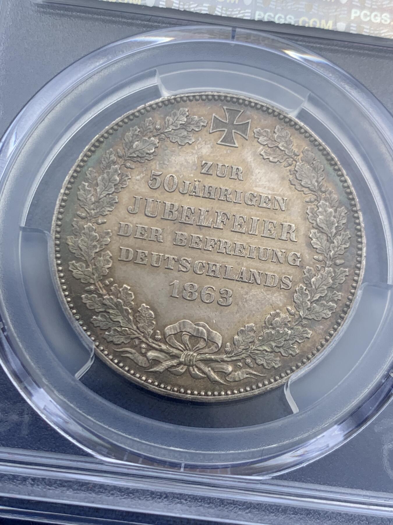 《竞宝斋》第467场 周日，周一 2场连拍 （全场包邮）欢迎送拍 PCGS MS62 德国1863不莱梅纪念德意志民族解放战争50周年泰勒大银币