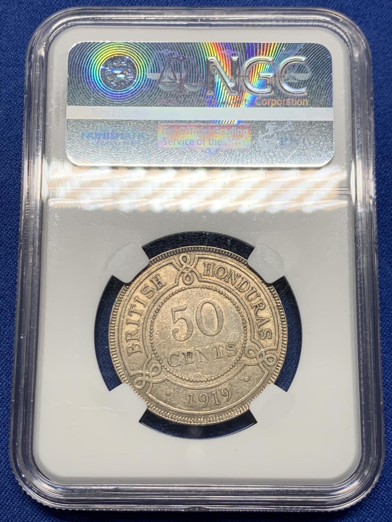 《竞宝斋》第467场 周日，周一 2场连拍 （全场包邮）欢迎送拍 NGC AU53 英属洪都拉斯 1919年 50分银币 仅4万的发行量