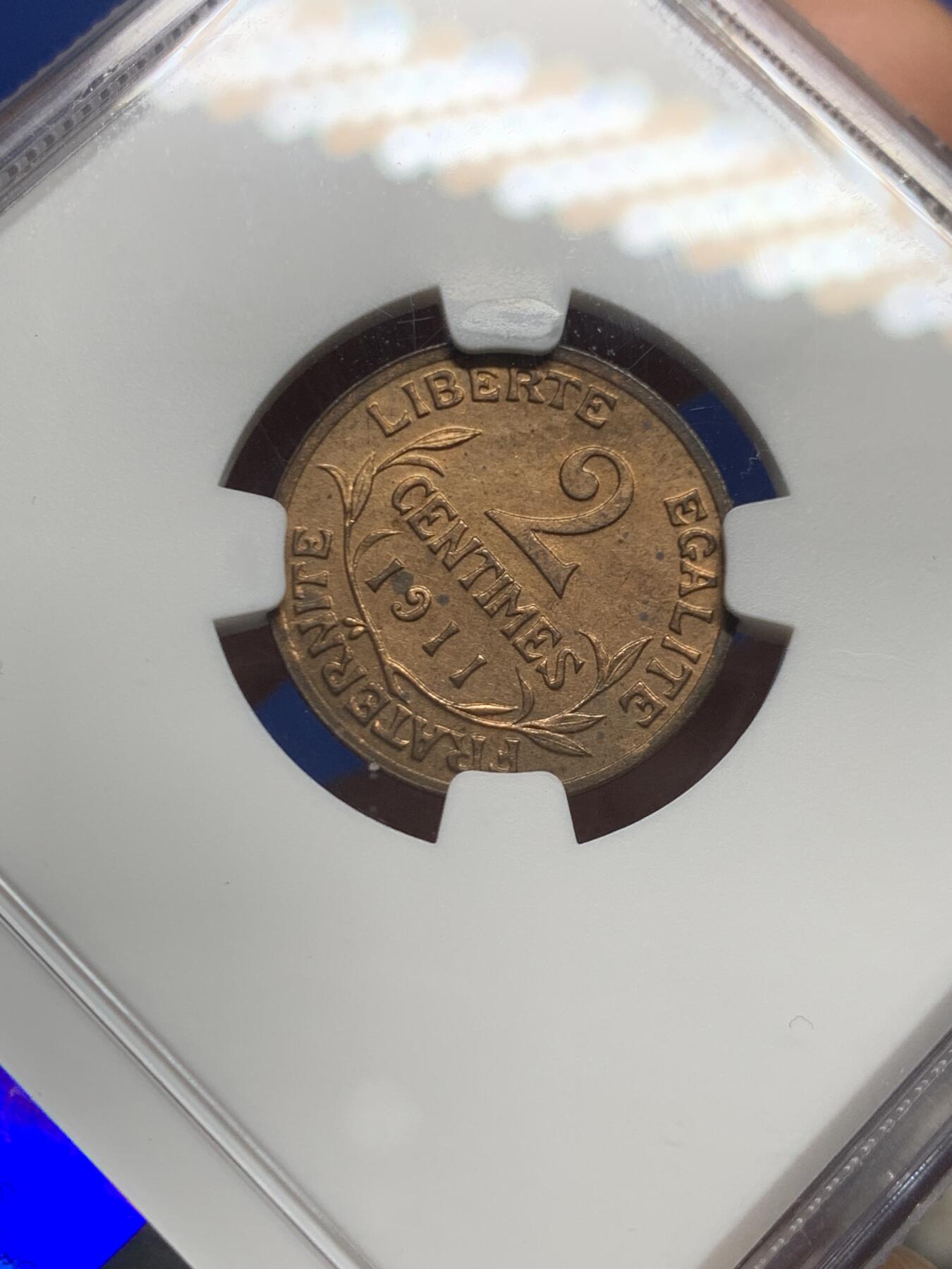 《竞宝斋》第467场 周日，周一 2场连拍 （全场包邮）欢迎送拍 NGC MS63RB 法国1911年2分铜币 经典女神图案