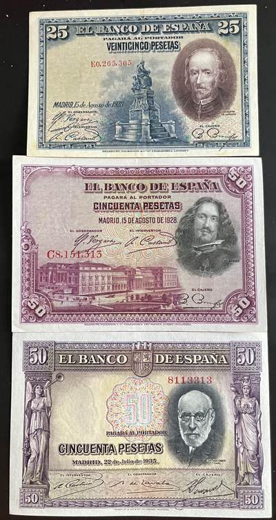 小福收藏拍卖第202期 流通品相裸钞 特惠场 本场全部为欧洲纸币【佣金仅收2% 不设最低佣金 全场包邮】 - 西班牙 1928年 25+50+1935年 50比塞塔 1组3张无47