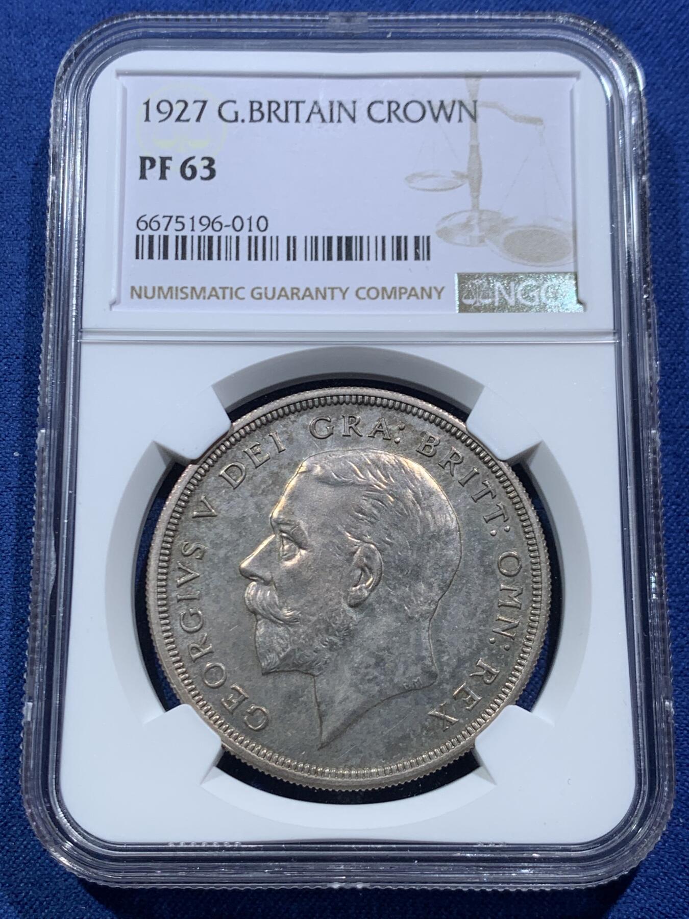 《竞宝斋》第467场 周日，周一 2场连拍 （全场包邮）欢迎送拍 NGC PF63 英国1927年乔治五世花冠精制克朗 发行量15000枚