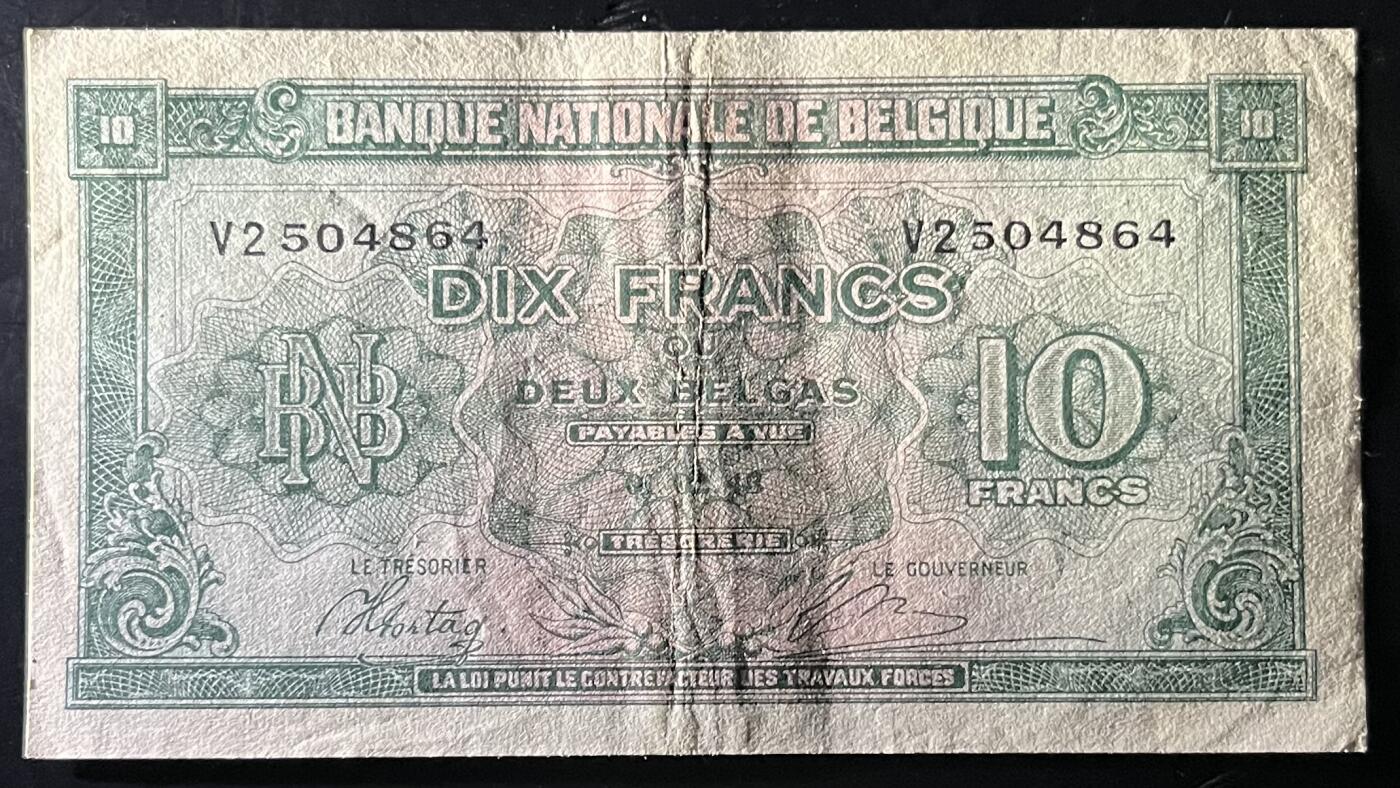 小福收藏拍卖第202期 流通品相裸钞 特惠场 本场全部为欧洲纸币【佣金仅收2% 不设最低佣金 全场包邮】 比利时 1943年 10法郎 XF- AUNC