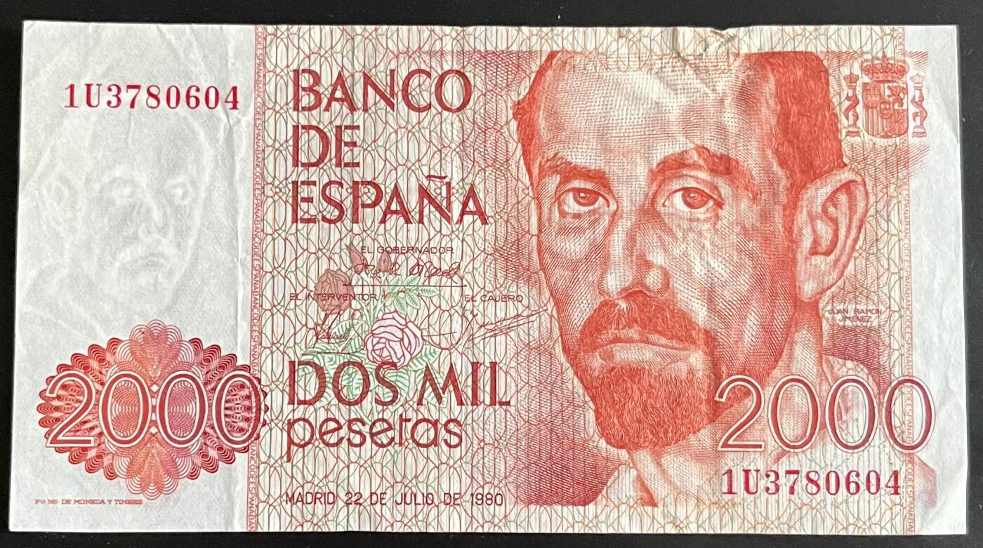 小福收藏拍卖第202期 流通品相裸钞 特惠场 本场全部为欧洲纸币【佣金仅收2% 不设最低佣金 全场包邮】 西班牙 1980年 2000比塞塔