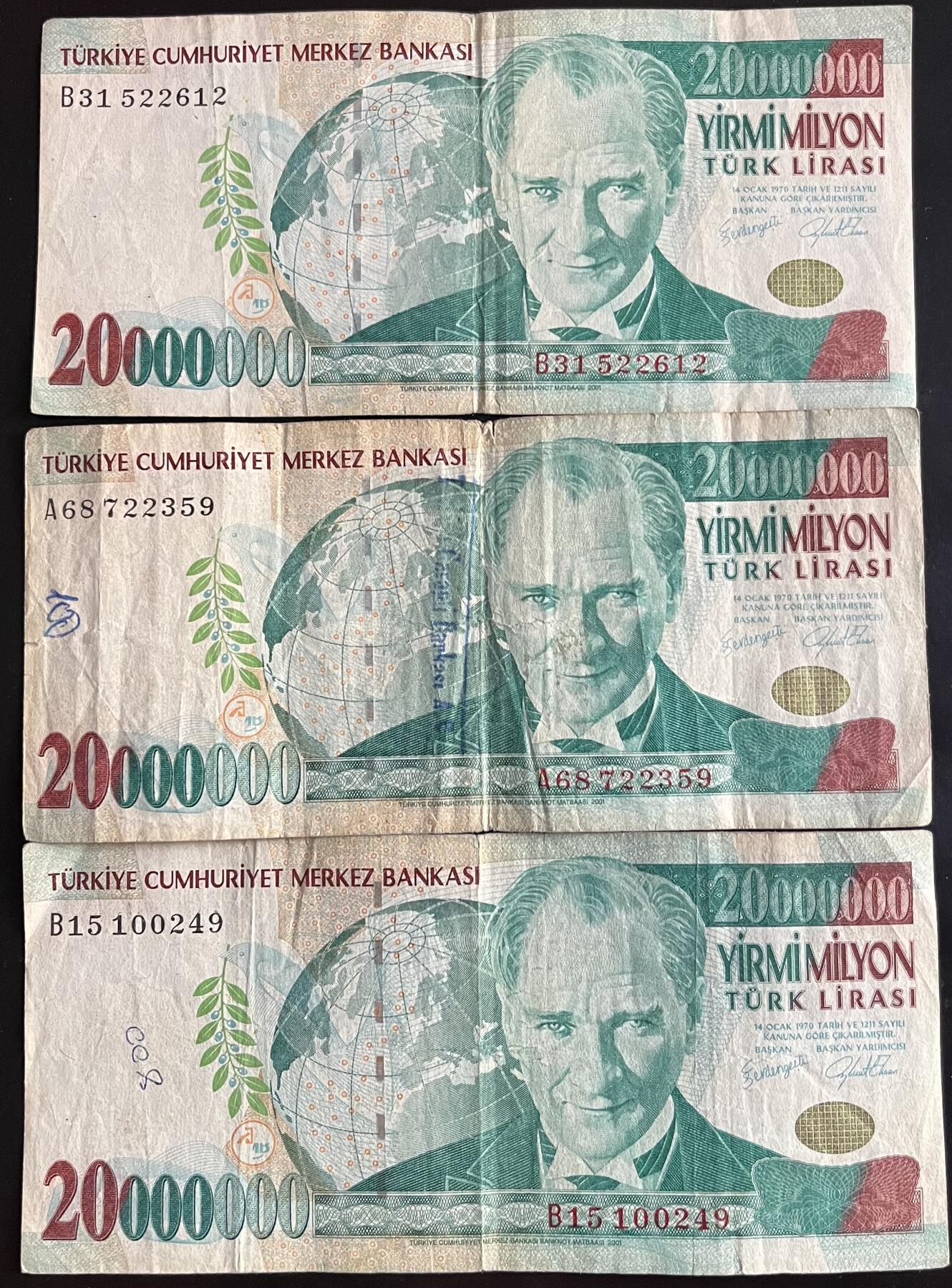 小福收藏拍卖第201期 流通品相裸钞 特惠场 本场拍卖美洲大洋洲非洲亚洲纸币【佣金仅收2% 不设最低佣金 全场包邮】 土耳其 2000年 20000000里拉 1组3张