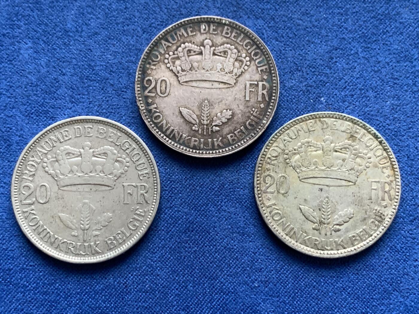 《竞宝斋》第467场 周日，周一 2场连拍 （全场包邮）欢迎送拍 三枚一组 比利时国王阿尔贝一世20法郎银币 总重约32.65g 680银