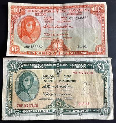 小福收藏拍卖第202期 流通品相裸钞 特惠场 本场全部为欧洲纸币【佣金仅收2% 不设最低佣金 全场包邮】 - 爱尔兰 1962年 10先令 +1镑 1组2张