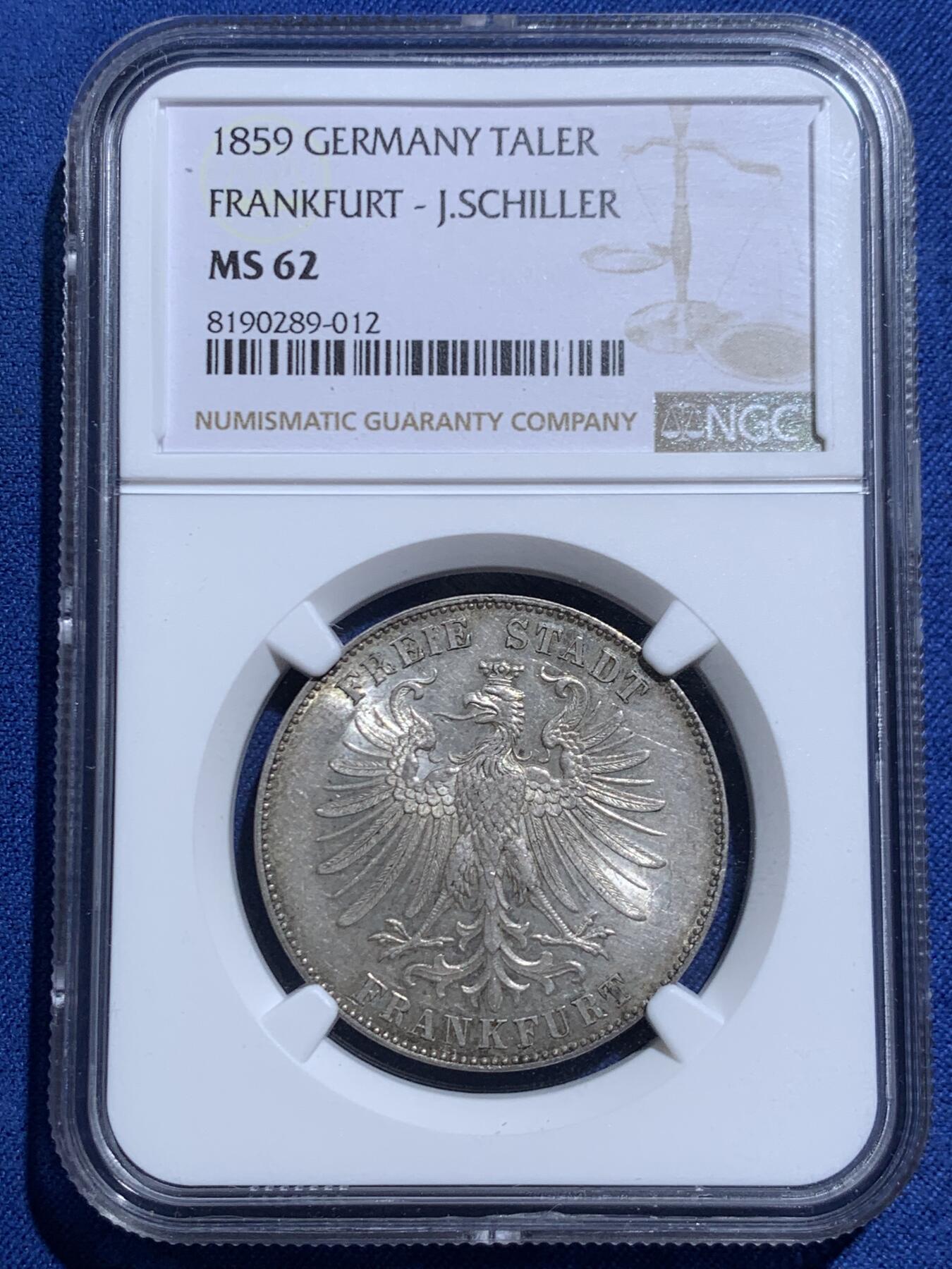 《竞宝斋》第467场 周日，周一 2场连拍 （全场包邮）欢迎送拍 NGC MS62 德国1859年法兰克福纪念席勒1泰勒银币，非常不错的一枚。