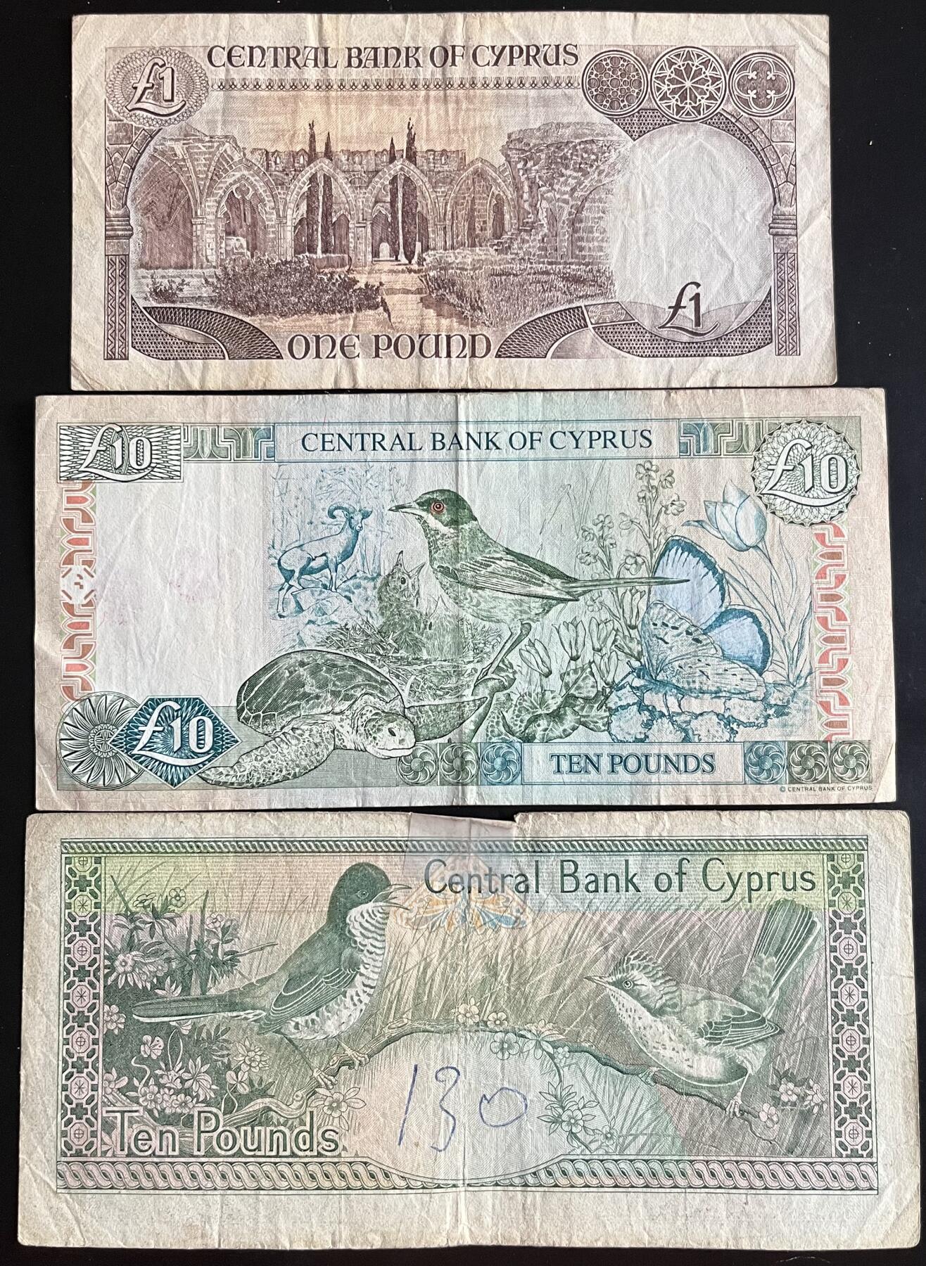 小福收藏拍卖第202期 流通品相裸钞 特惠场 本场全部为欧洲纸币【佣金仅收2% 不设最低佣金 全场包邮】 塞浦路斯 1+10 +10镑 1组3张