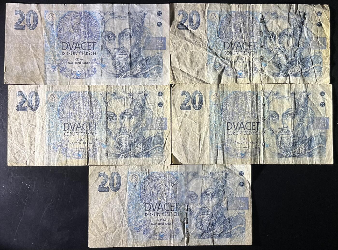 小福收藏拍卖第202期 流通品相裸钞 特惠场 本场全部为欧洲纸币【佣金仅收2% 不设最低佣金 全场包邮】 捷克纸币 20克朗 1组5张