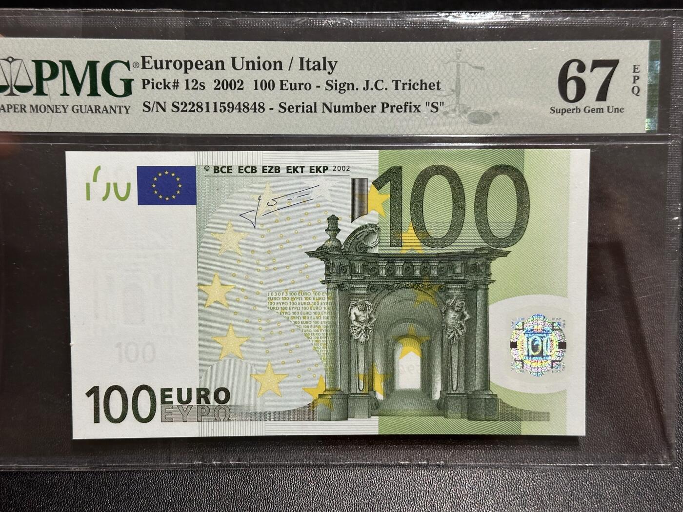《外钞收藏家》第六百一十四期（精选场）（长期征集拍品、欢迎藏友们联系合作） 2002年二签100欧元 意大利版 PMG67 尾8