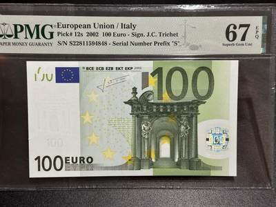 《外钞收藏家》第六百一十四期（精选场）（长期征集拍品、欢迎藏友们联系合作） - 2002年二签100欧元 意大利版 PMG67 尾8