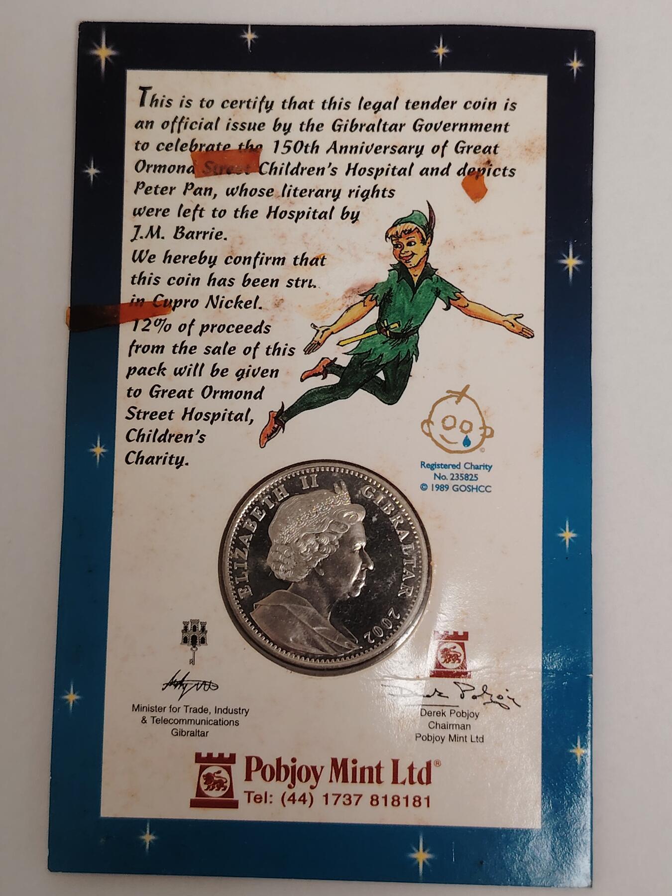 布加迪🐬～世界钱币(上海)🌾第 278 期 /  各国套币和散币 直布罗陀🇬🇮 2002年 1克朗 彼得潘彩色克朗币