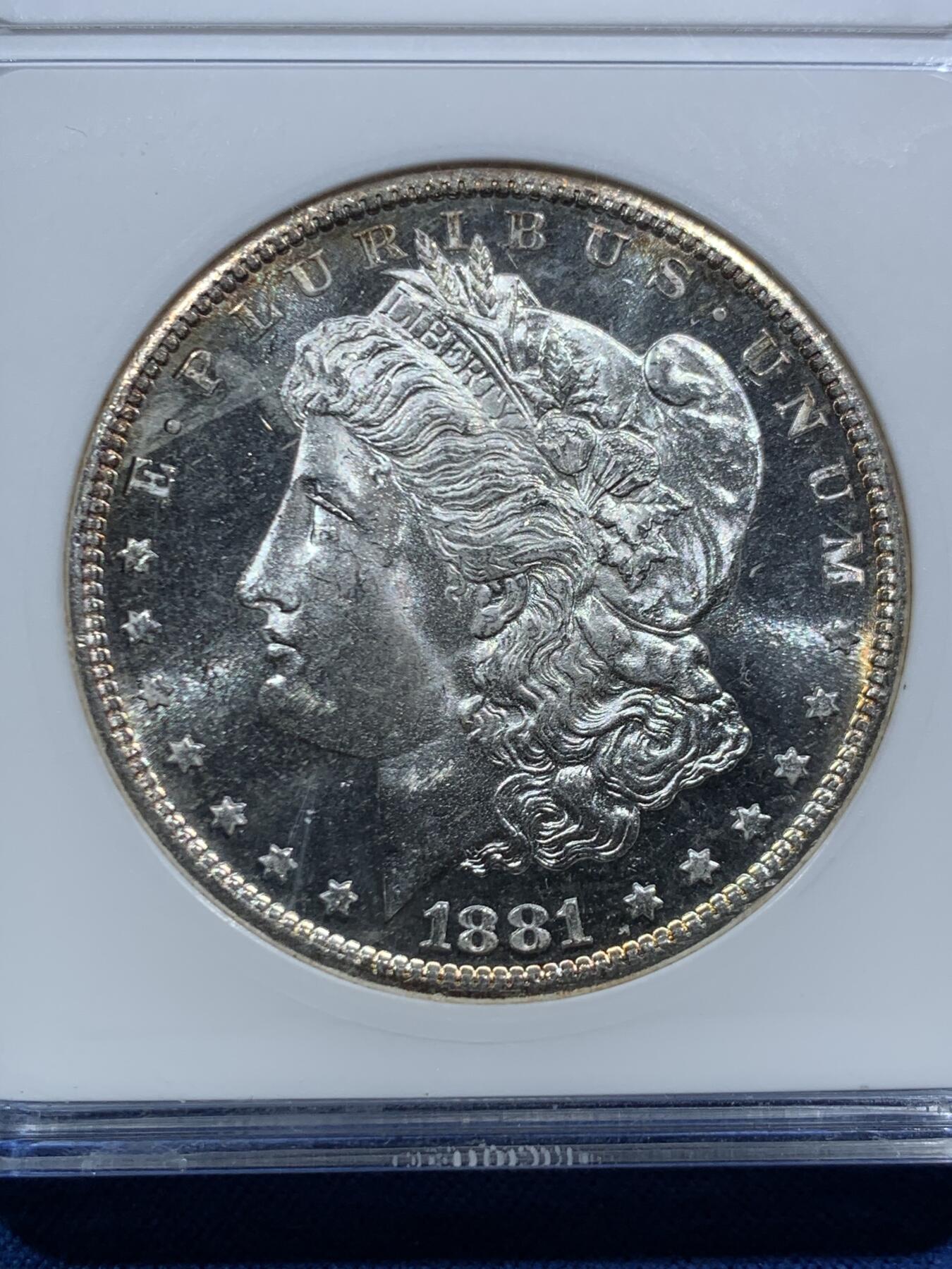 《竞宝斋》第467场 周日，周一 2场连拍 （全场包邮）欢迎送拍 ANACS MS65PL 美国 1881年 摩根一美元银币 绝版小白盒 严评品质 可搏N/P更高分 超强镜面底板 PL中的战斗机