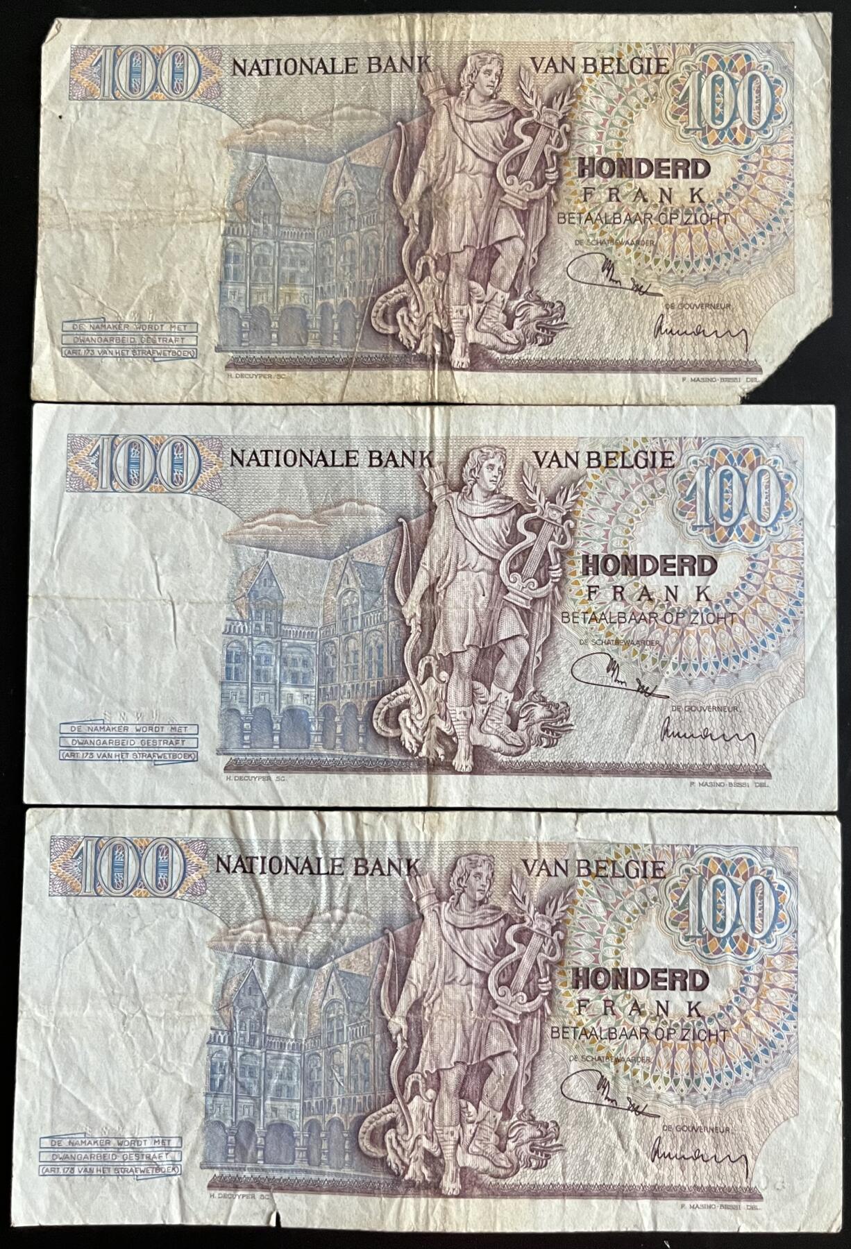 小福收藏拍卖第202期 流通品相裸钞 特惠场 本场全部为欧洲纸币【佣金仅收2% 不设最低佣金 全场包邮】 比利时 1972-74年 100法郎 1组3张