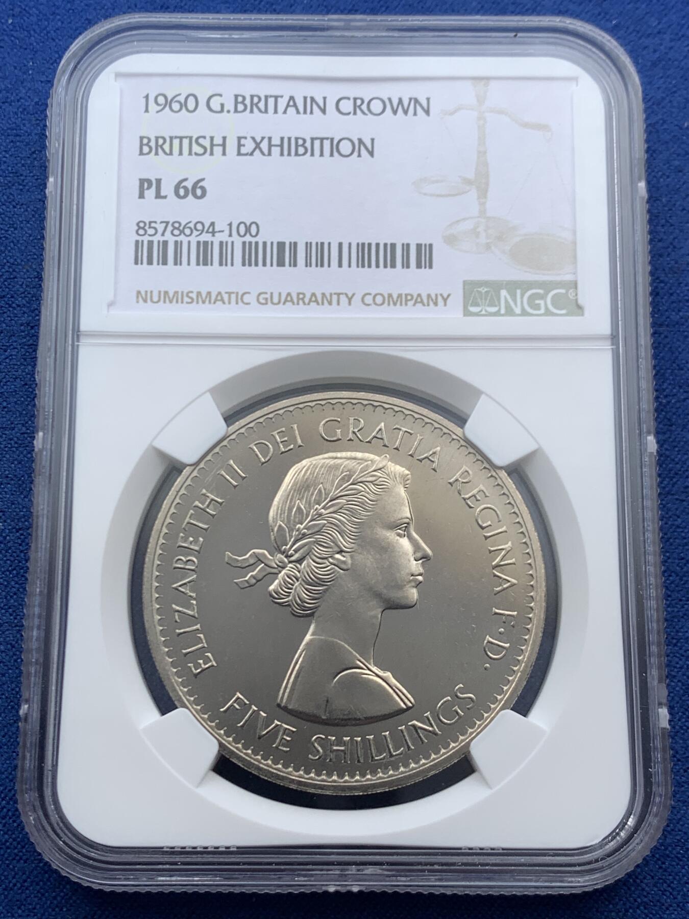《竞宝斋》第467场 周日，周一 2场连拍 （全场包邮）欢迎送拍 NGC PL66 1960年英国女王纽约博览会纪念5先令类精制克朗币 高分！