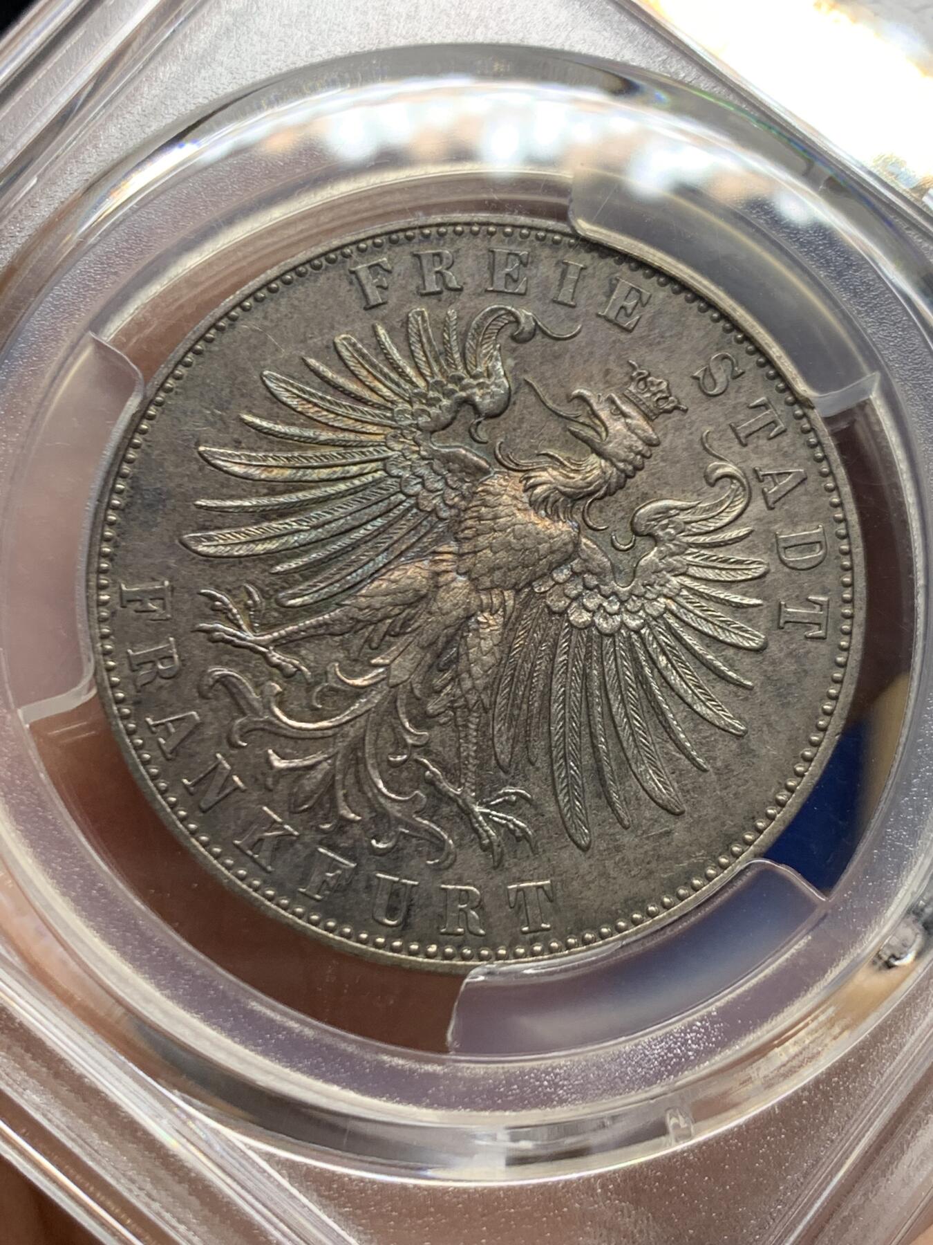 《竞宝斋》第467场 周日，周一 2场连拍 （全场包邮）欢迎送拍 PCGS MS62 德国1862年法兰克福射击节1泰勒银币，酱彩老包浆