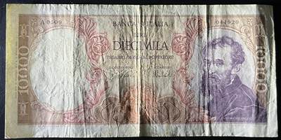 小福收藏拍卖第202期 流通品相裸钞 特惠场 本场全部为欧洲纸币【佣金仅收2% 不设最低佣金 全场包邮】 意大利 1973年 10000里拉 米开朗基罗