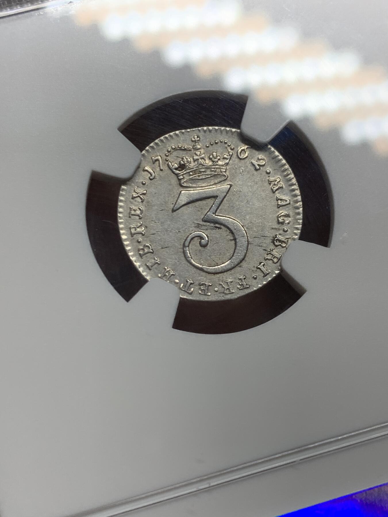 《竞宝斋》第467场 周日，周一 2场连拍 （全场包邮）欢迎送拍 NGC AU55 英国1762年乔治三世3便士濯足币 光度好