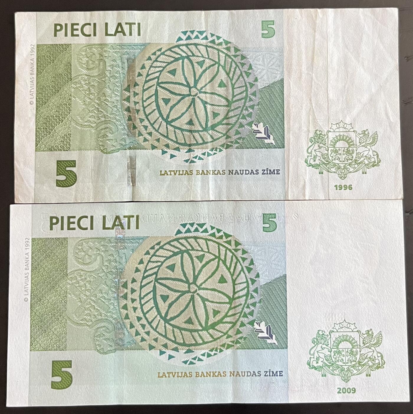小福收藏拍卖第202期 流通品相裸钞 特惠场 本场全部为欧洲纸币【佣金仅收2% 不设最低佣金 全场包邮】 拉脱维亚 1996年+2009年 5拉特 首版首年+末版 1组2张 VF- AUNC