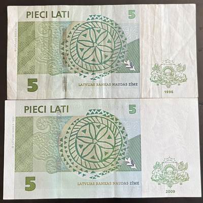 小福收藏拍卖第202期 流通品相裸钞 特惠场 本场全部为欧洲纸币【佣金仅收2% 不设最低佣金 全场包邮】 拉脱维亚 1996年+2009年 5拉特 首版首年+末版 1组2张 VF- AUNC