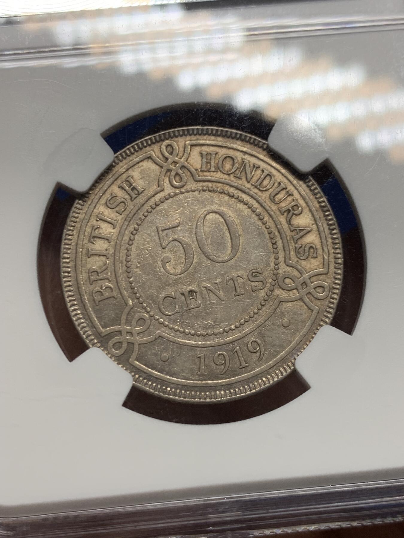 《竞宝斋》第467场 周日，周一 2场连拍 （全场包邮）欢迎送拍 NGC AU53 英属洪都拉斯 1919年 50分银币 仅4万的发行量