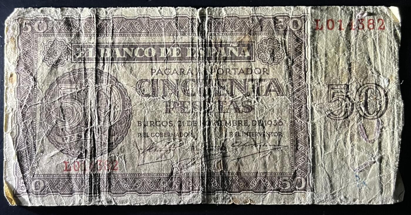 小福收藏拍卖第202期 流通品相裸钞 特惠场 本场全部为欧洲纸币【佣金仅收2% 不设最低佣金 全场包邮】 西班牙 1936年 50比塞塔