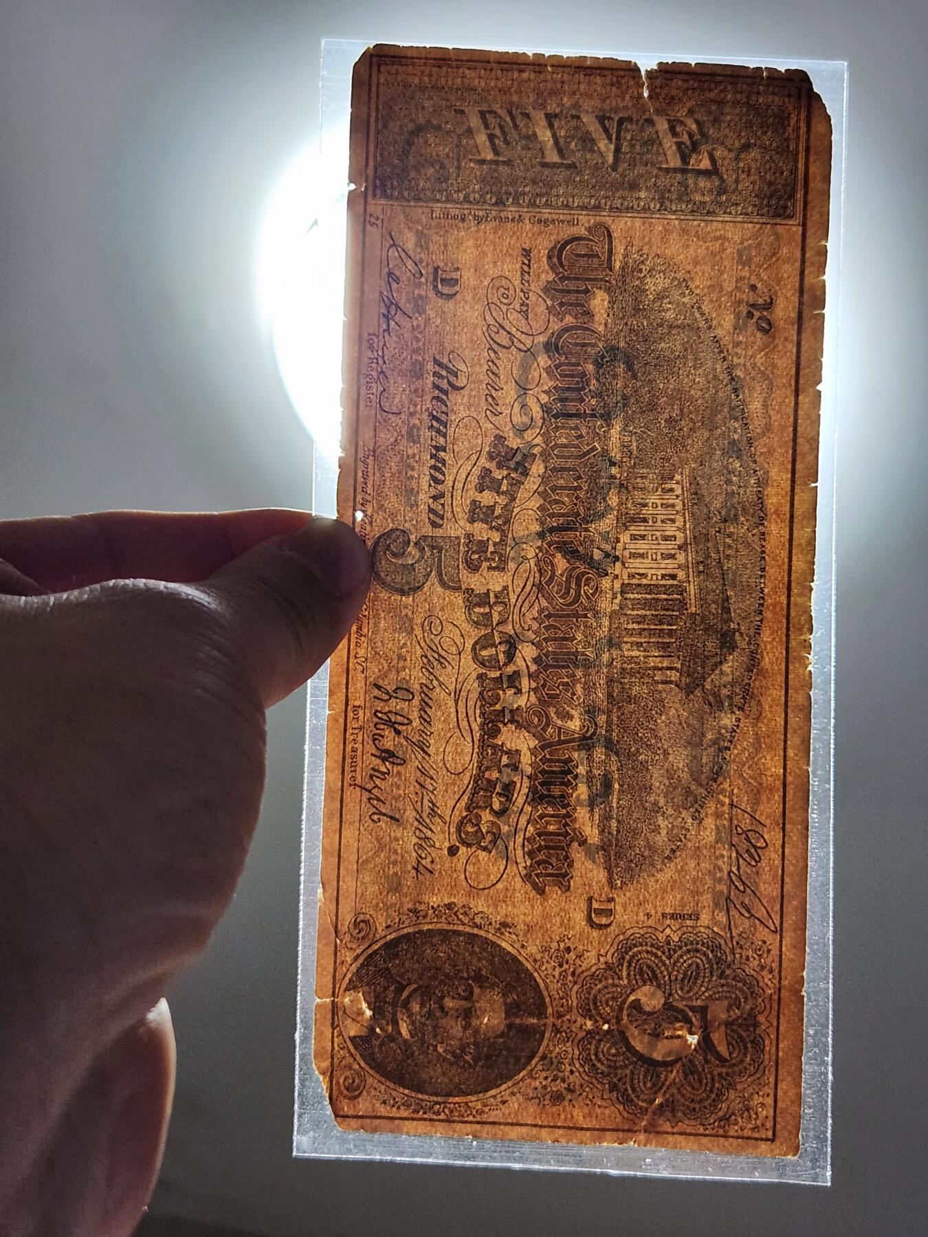 3月2号晚上8点 外国纸币自动截拍第33场 美国 邦联州 1864年5元 