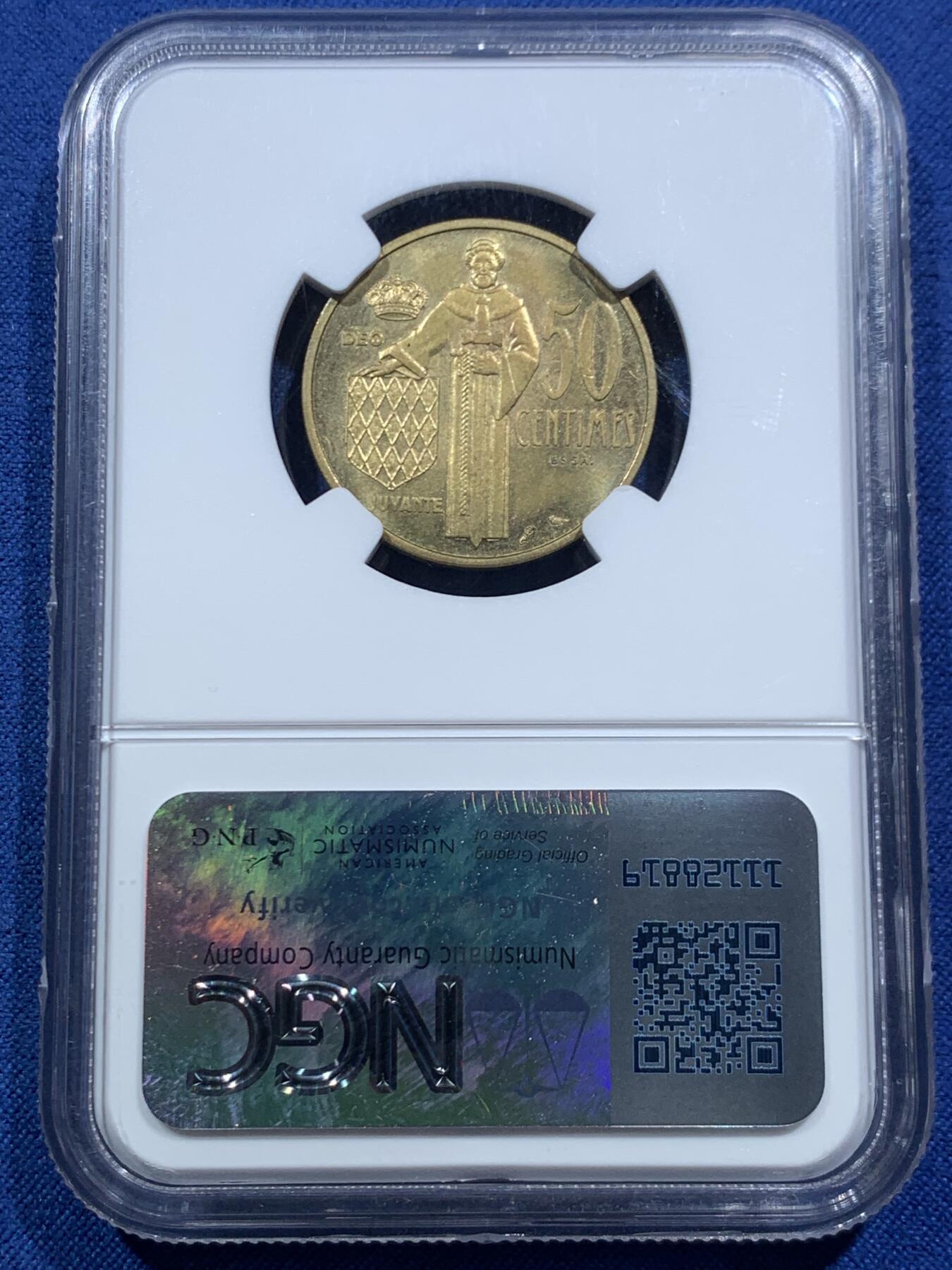 《竞宝斋》第467场 周日，周一 2场连拍 （全场包邮）欢迎送拍 NGC PF64 摩纳哥1962年雷尼尔三世50分 精制样币 少